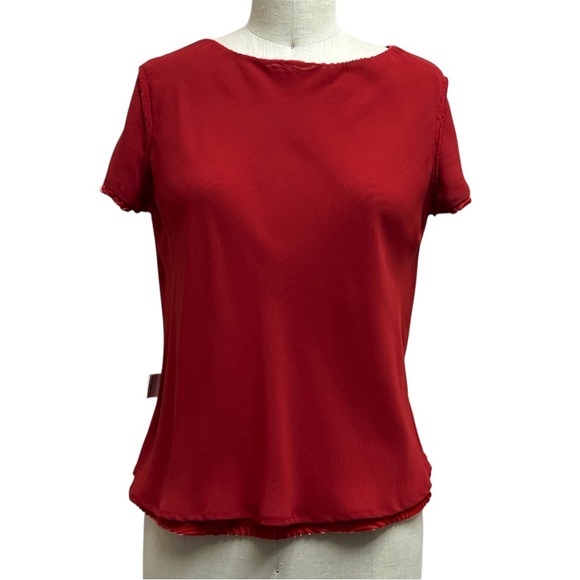 Talbots Crushed Velvet Burnout Wavy Swirl Pattern Coral Lined Silk Blend Top - Picture 4 of 8